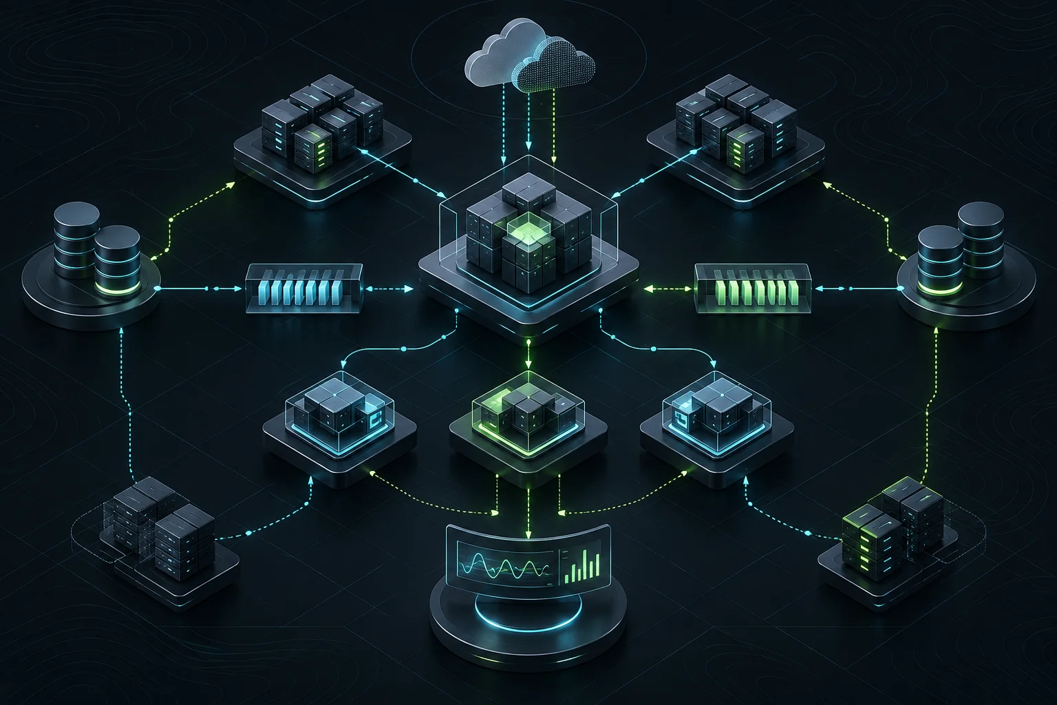 Illustration de services distribués échangeant des données au sein d’une architecture résiliente et observable.