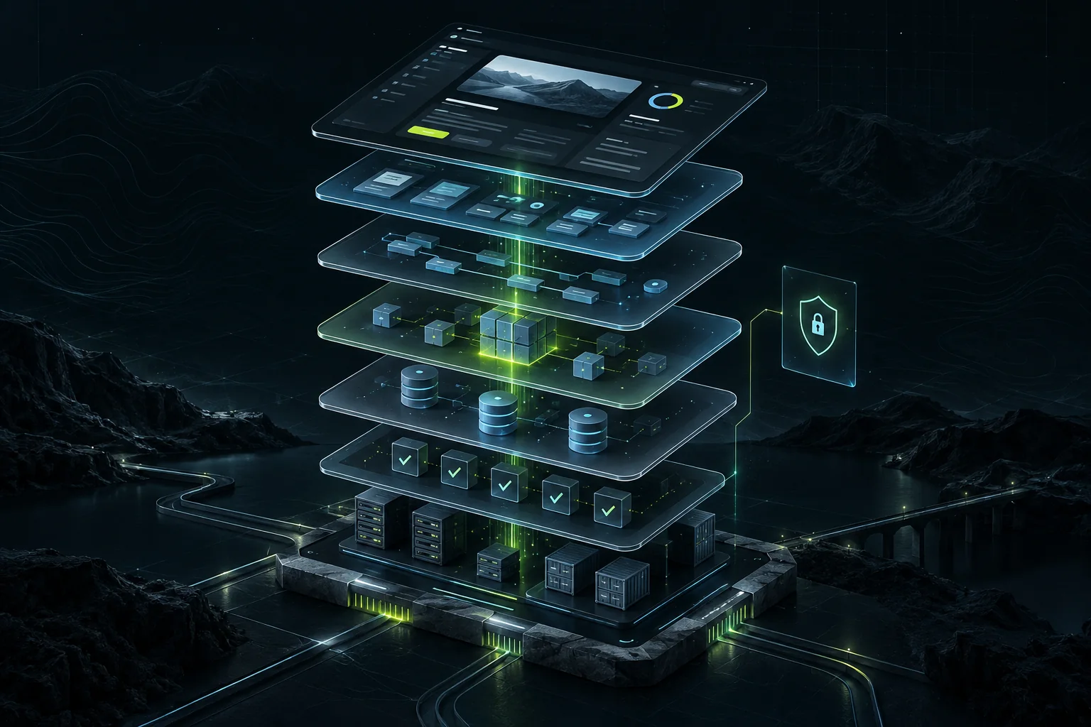 Illustration des différentes couches d’une application full stack, de l’interface jusqu’à l’infrastructure de production.
